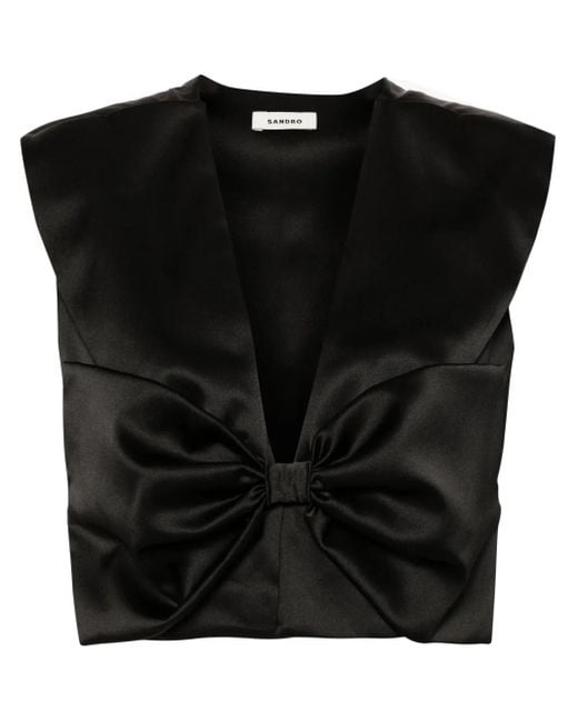 Sandro Black Satin Bow Cropped Top