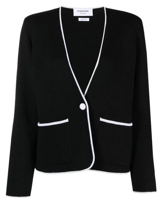 Thom Browne Black Contrasting-Trim Collarless Jacket