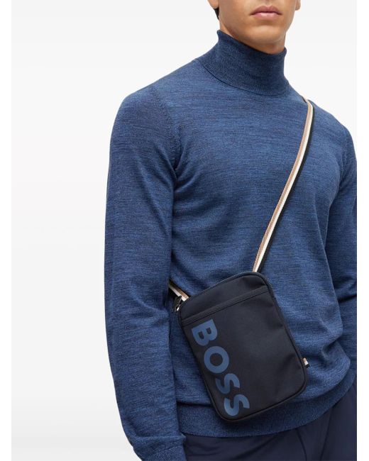 Boss Blue Logo-Print Canvas Crossbody Bag for men