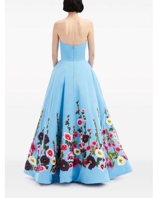 Oscar de la Renta Blue Floral-embroidery Strapless Dress