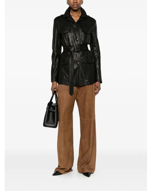 Tagliatore Black Belted Button-Fastening Leather Jacket