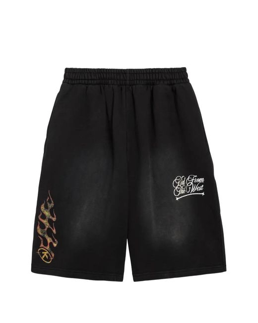 Kidwest Black Flame-Print Logo-Print Shorts for men