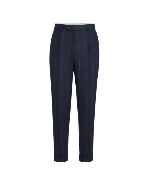 Brunello Cucinelli Blue Cashmere And Virgin Wool Multistripe Twill Trousers With Pleat for men