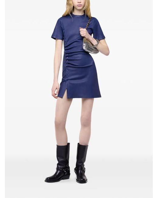Rabanne Blue Ruched Snap-Button Mini Dress