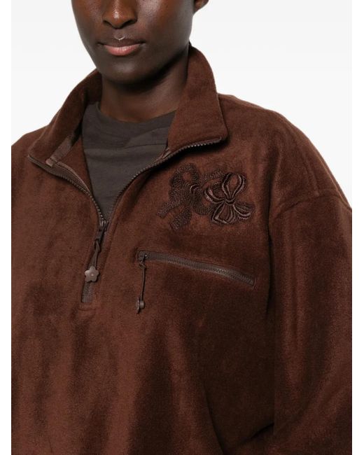 CECILIE BAHNSEN Brown Bow-Embroidered Quarter-Zip Sweater