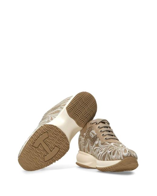 Hogan Brown Interactive Floral-embroidered Sneakers