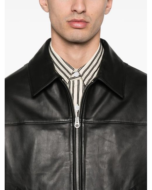 Fursac Black Zip-Up Leather Shirt Jacket for men
