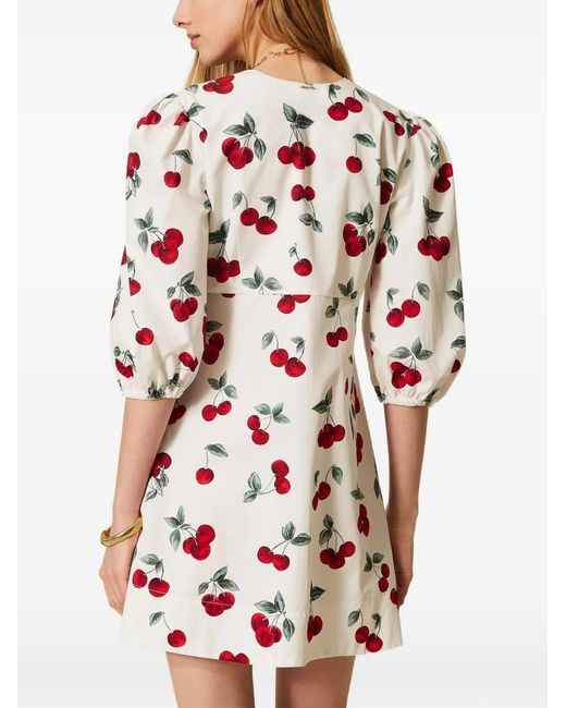 Twinset White V-Neck Cherry-Print Mini Dress