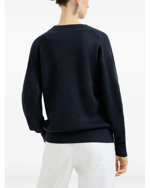Brunello Cucinelli Blue Sparkling-Detail Ribbed V-Neck Sweater