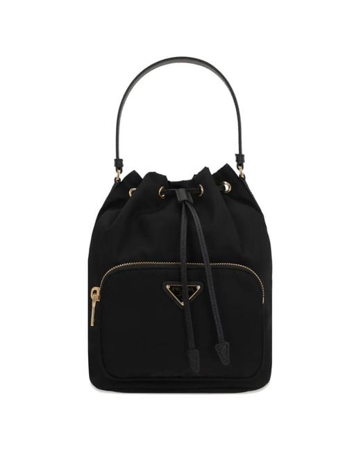 Prada Black Logo-Plaque Drawstring Tote Bag