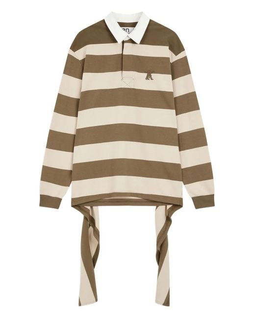 OPEN YY Natural Stripe-Trimmed Asymmetrical-Hem Shirt