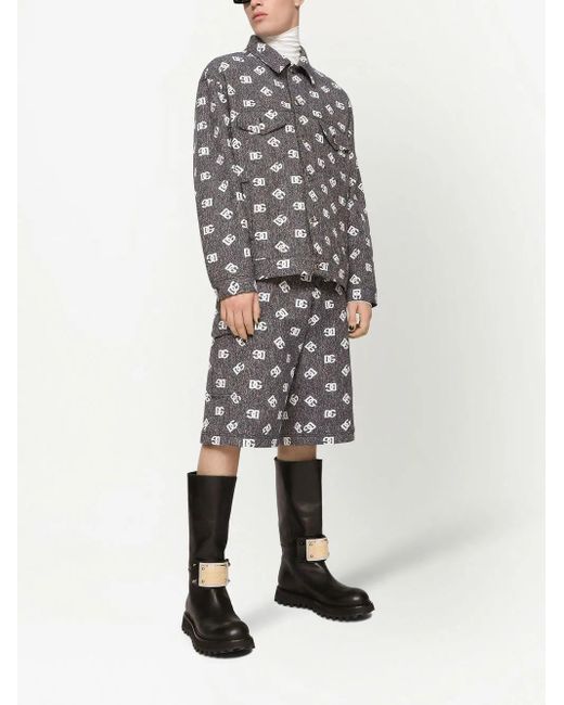 Dolce & Gabbana Gray Logo-Print Denim Cargo Shorts for men