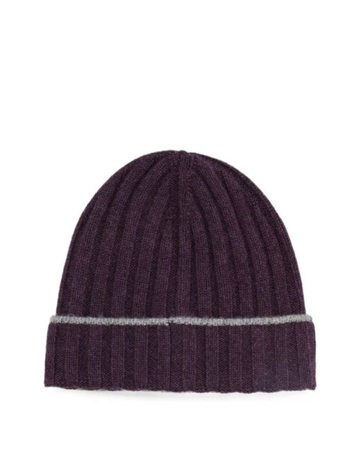 Brunello Cucinelli Purple Ribbed-Knit Striped-Edge Beanie Hat for men