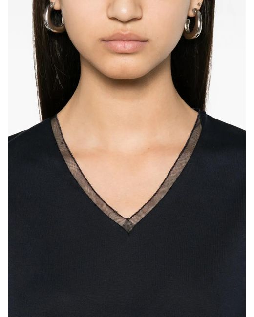 Fabiana Filippi Black Mesh-Trim V-Neck T-Shirt