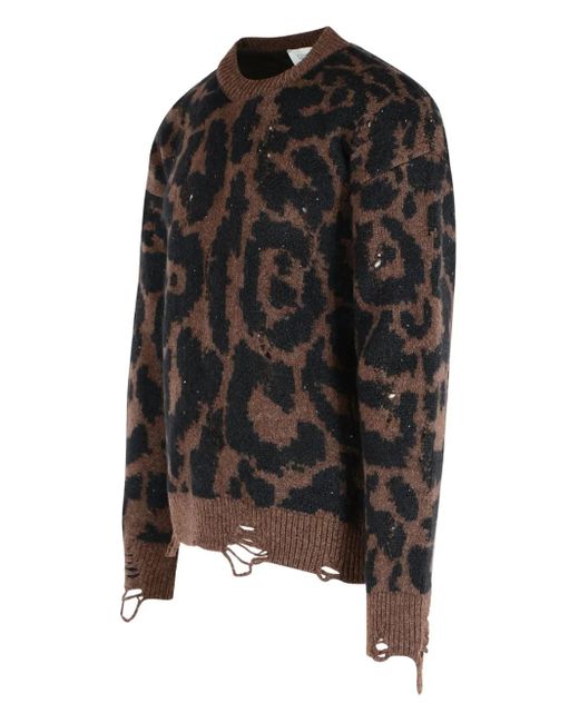 Laneus Black Leopard-Print Frayed-Trim Sweater for men