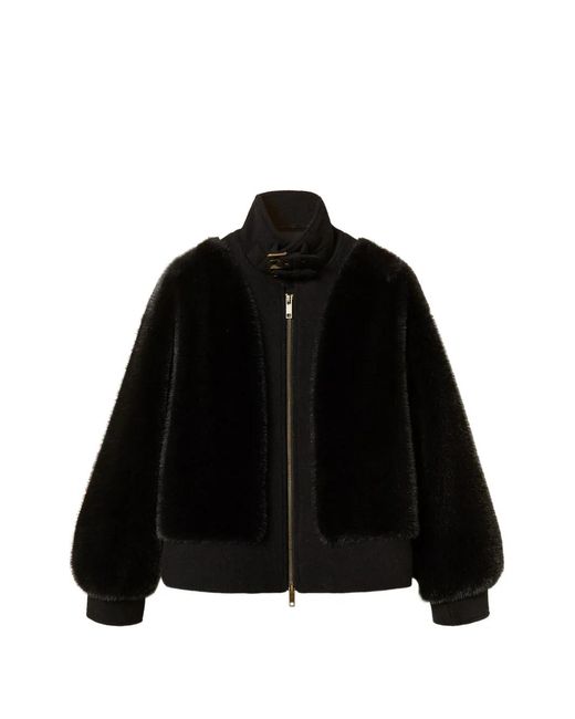 Twinset Black Faux-Fur And Wool Cloth Bomber Jacket