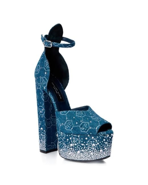 Philipp Plein Blue Sandales Plateforme Monogrammées À Strass