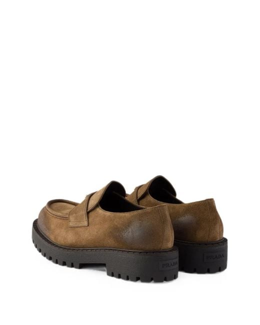 Prada Brown Aged Suede Loafers for men