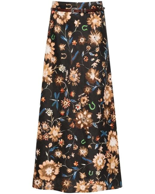 Dorothee Schumacher Black Floral-Print Linen Midi Skirt