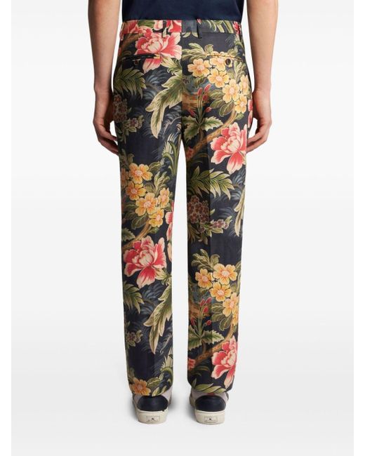Etro Blue Floral-print Chino Trousers for men