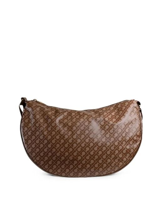 Gherardini Brown Logo-Print Crescent Tote Bag