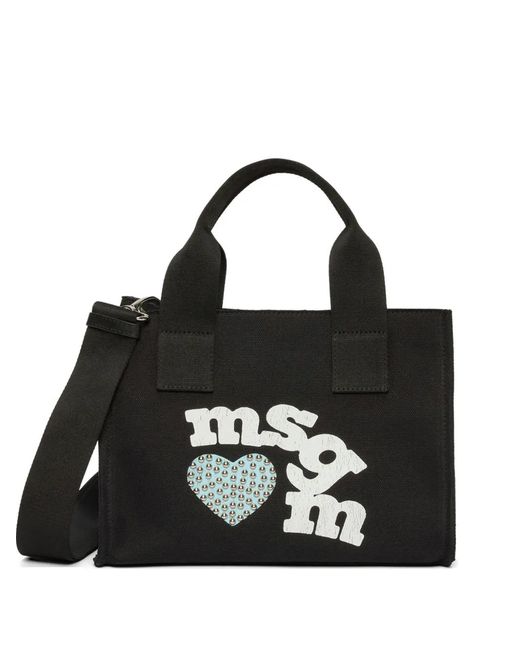 MSGM Black Heart-Print Tote Bag