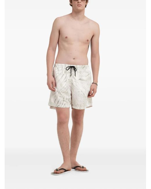 Roberto Cavalli White Ice Feathers Print Swim Trunks for men