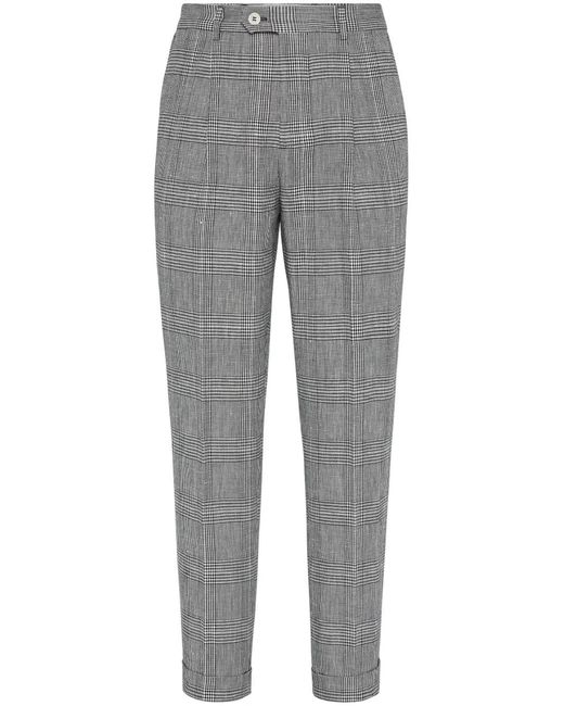Brunello Cucinelli Gray Cotton And Linen Prince Of Wales Trousers With Pleat for men