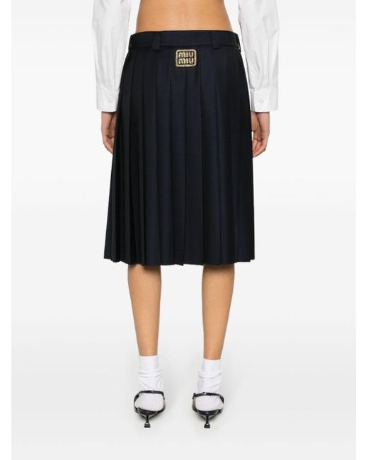 Miu Miu Black Embroidered-logo Pleat Wool Skirt