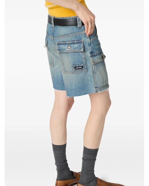 Miu Miu Blue Washed Patch-Pocket Denim Shorts