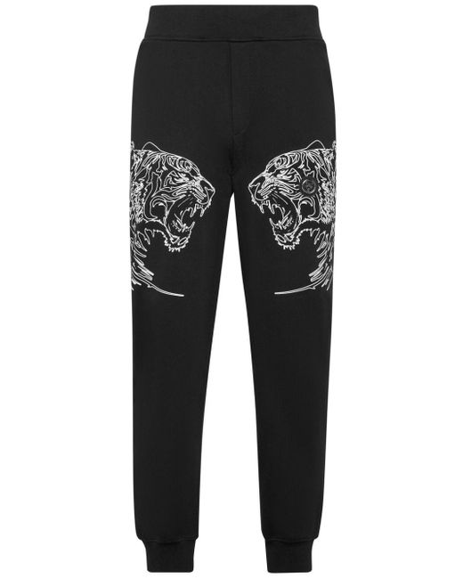 Philipp Plein Black Tiger-print Cotton Track Pants for men
