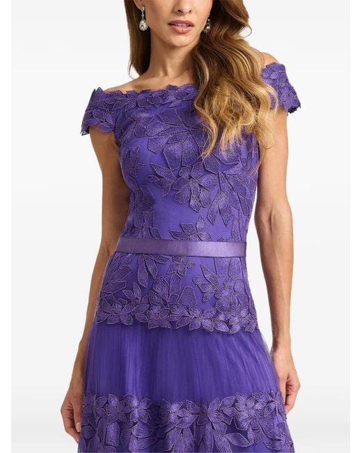 Tadashi Shoji Purple Floral Off-Shoulder Midi Dress