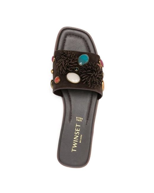 Twinset White Suede Slides With Decorative Stones