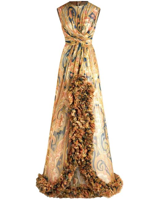 Etro Metallic Ruched-Detailing Printed Silk Maxi Dress
