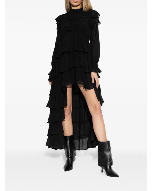 AllSaints Black Leila Ruffled Long-Sleeve Midi Dress