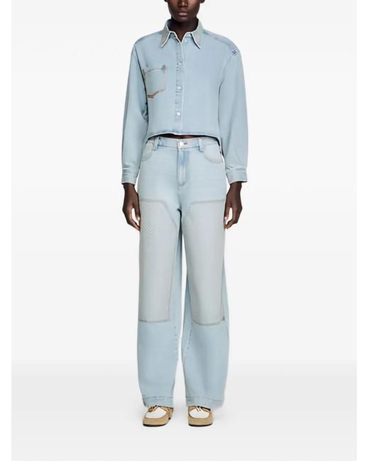 Sandro Blue Rhinestone-Embellished Cropped Shirt