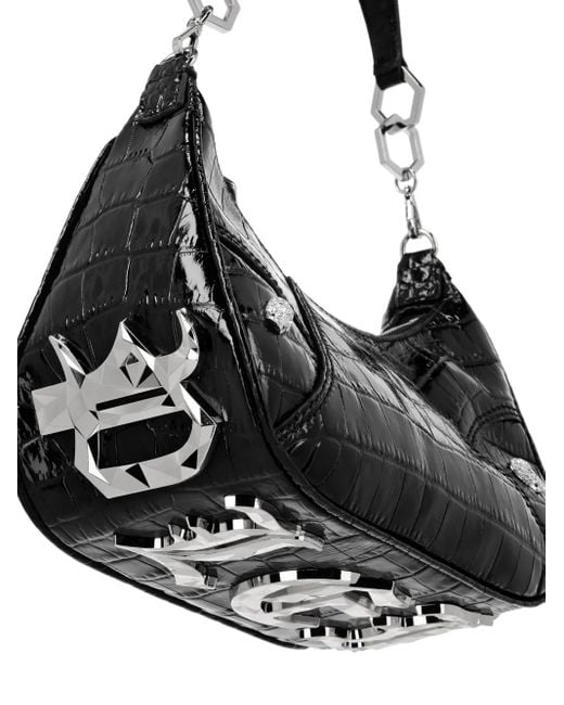 Philipp Plein Black Embossed Crocodile-Effect Leather Shoulder Bag