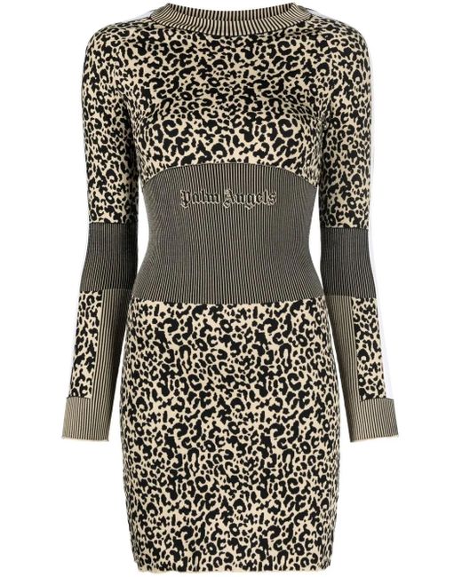 Palm Angels Animalier Knit Minidress Beige/black