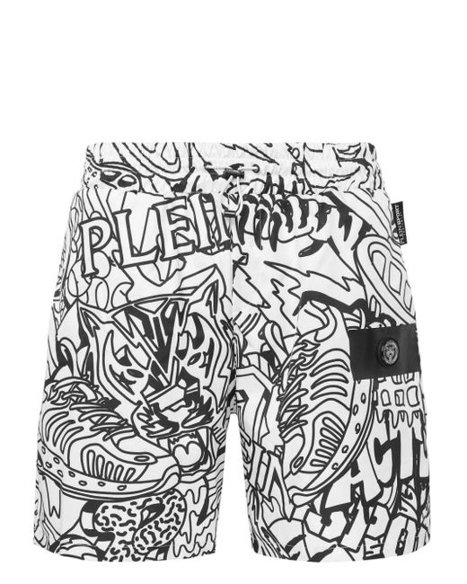Philipp Plein White Doodle-print Swim Shorts for men
