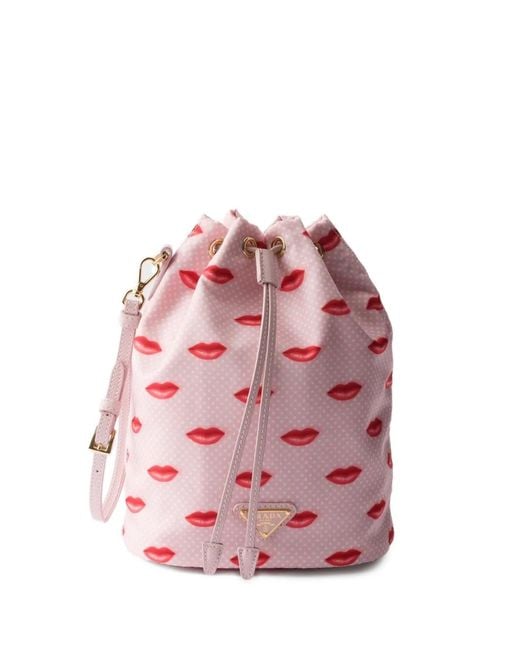 Prada Pink Re-Nylon Printed Drawstring Bucket Bag