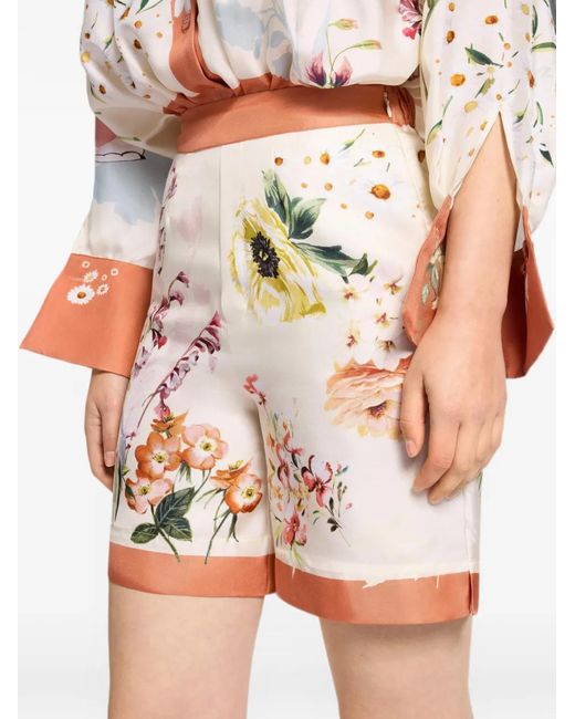 Elie Saab Natural Floral-Print Silk Shorts