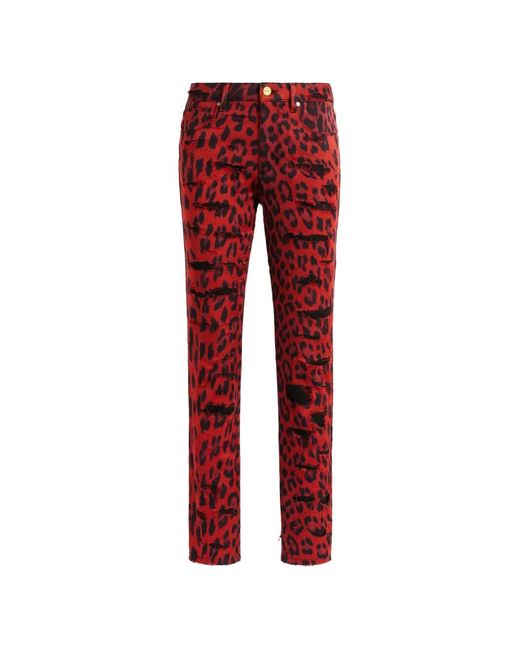 Roberto Cavalli Red Leopard-Print Distressed Jeans