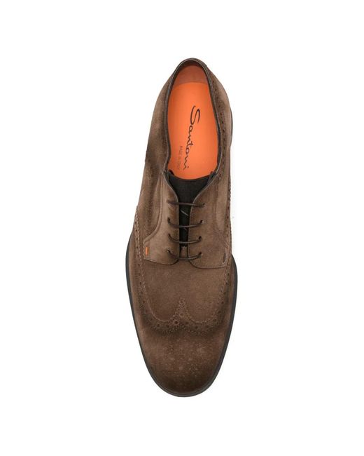 Santoni Brown Brogue-Detail Suede Derby Shoes for men