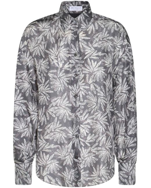 Brunello Cucinelli Gray Floral-Print Shirt