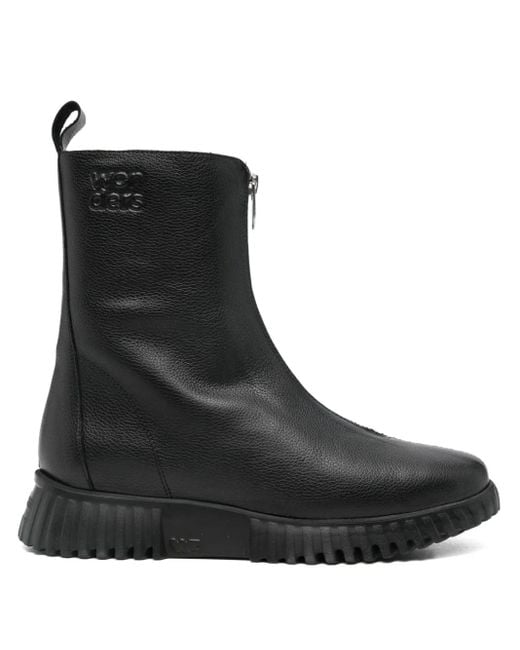 Wonders Black Zip-Front Textured Leather Boots