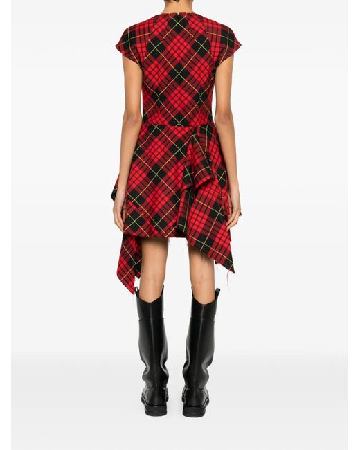 McQueen Red Check Draped Mini Dress