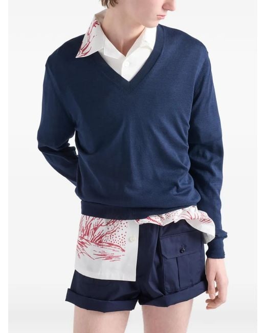 Prada Blue V-Neck Ribbed Sweater for men