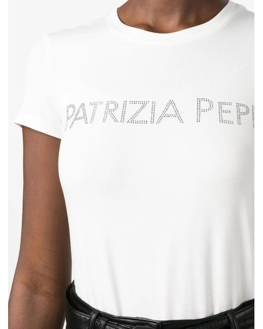 Patrizia Pepe White Rhinestone-Logo T-Shirt
