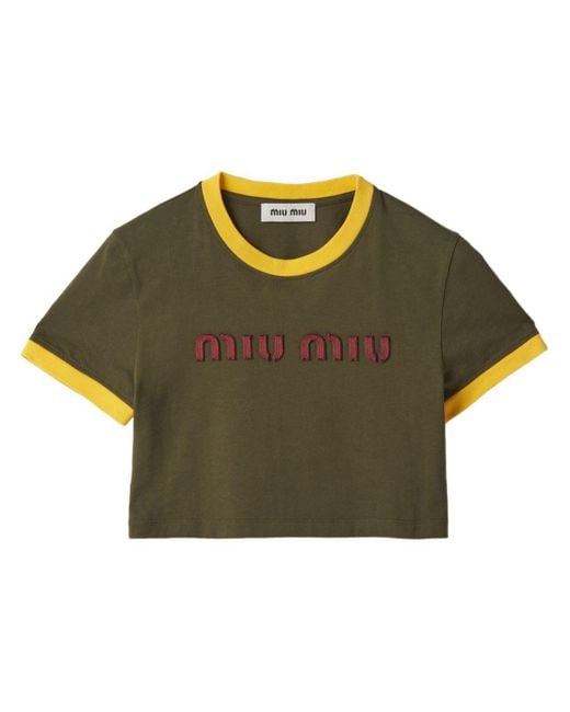Camiseta corta con logo bordado Miu Miu de color Green