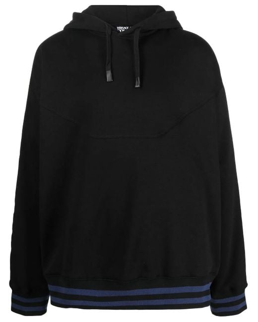 Versace Jeans Couture Black Logo-Print Striped-Trim Hoodie for men